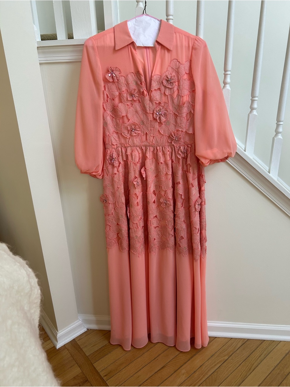 Badgley Mischka Blouson sleeve floral lace georgette gown, coral